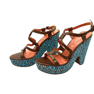 Via Spiga Wedge Sandals 8.5‎ Brown Leather Strappy Heels Blue Woven Open Toe